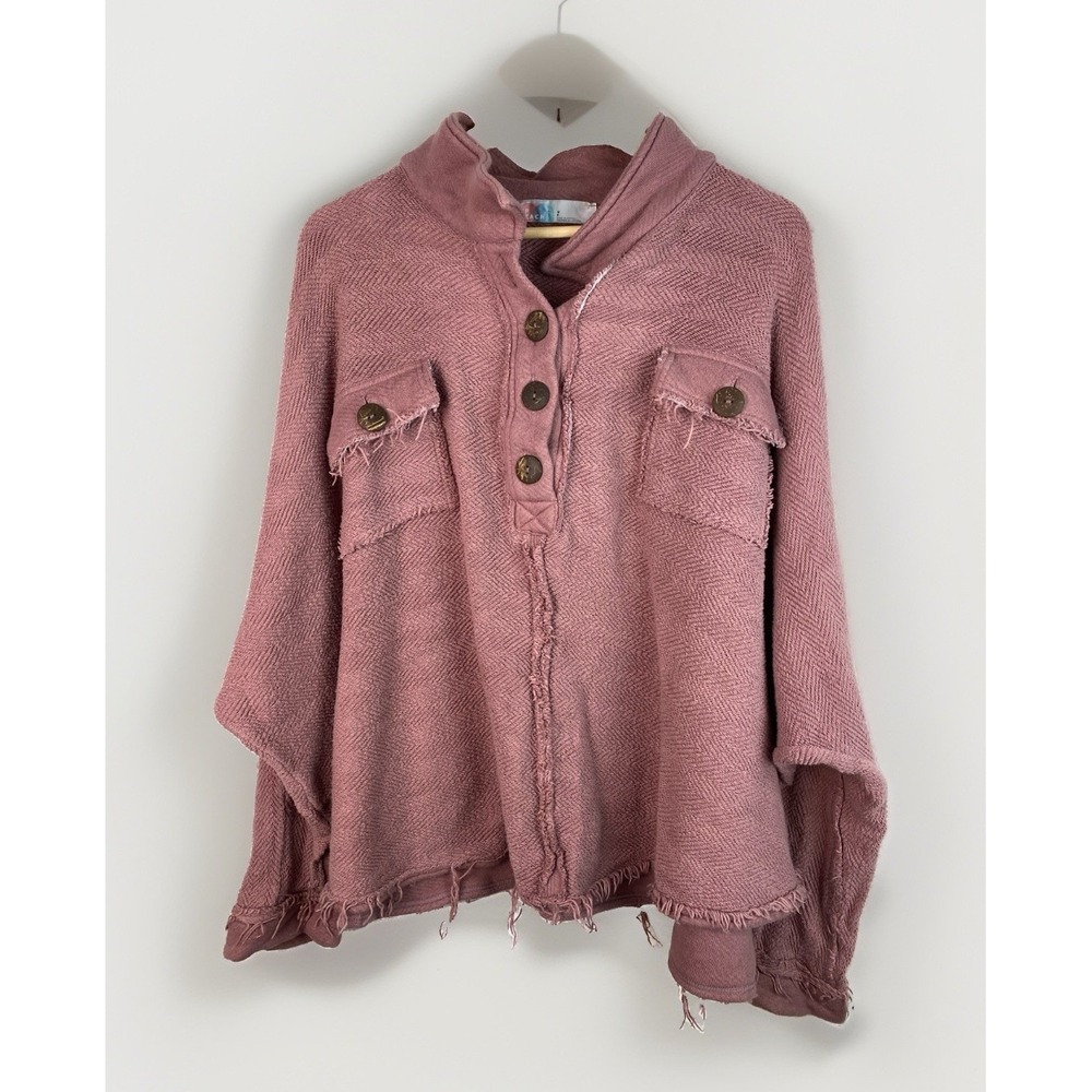 Free People Rowan FP Beach Women's S Pink Textured Oversized Henley Sweatshirt